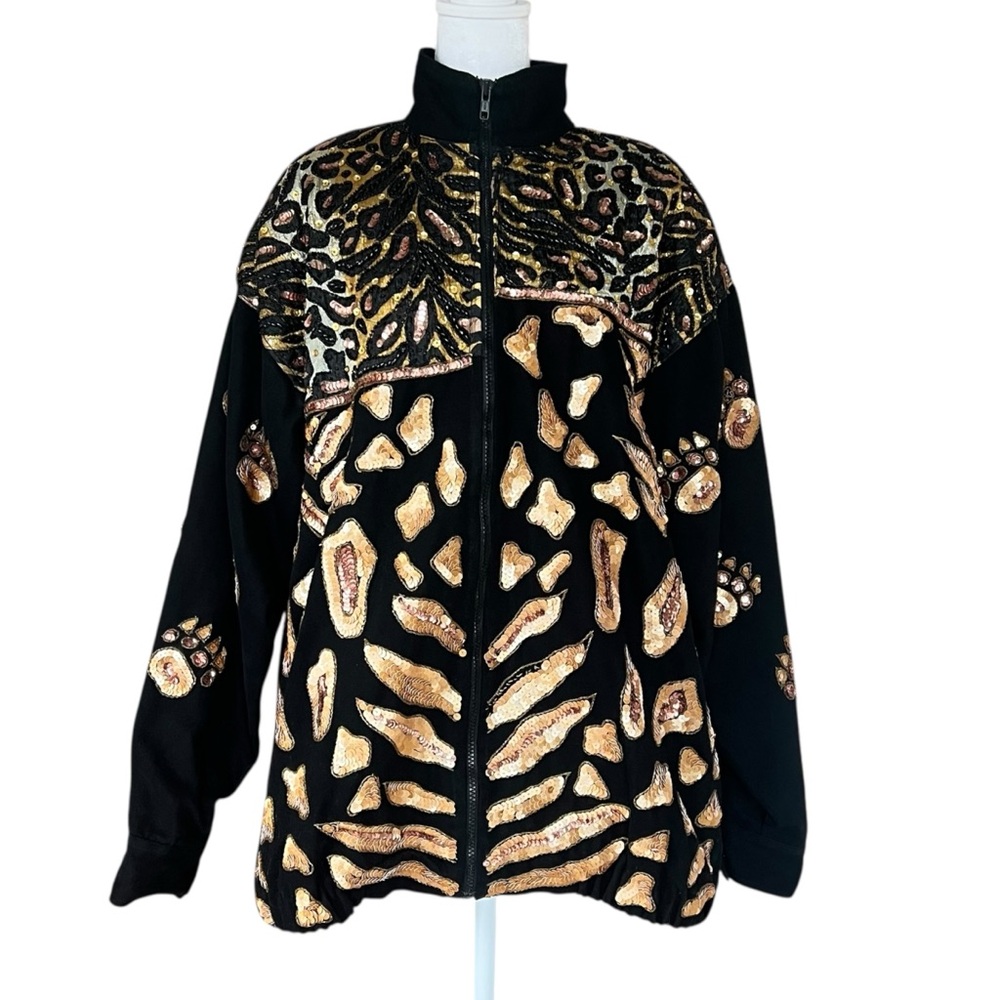 Vintage Modi Denim Sequin Animal Print Jacket Coat 80s 90s Statement Retro Glam